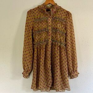 Ryu Mustard Pink Polka Dot Ruffle Button Down Tunic Blouse Medium